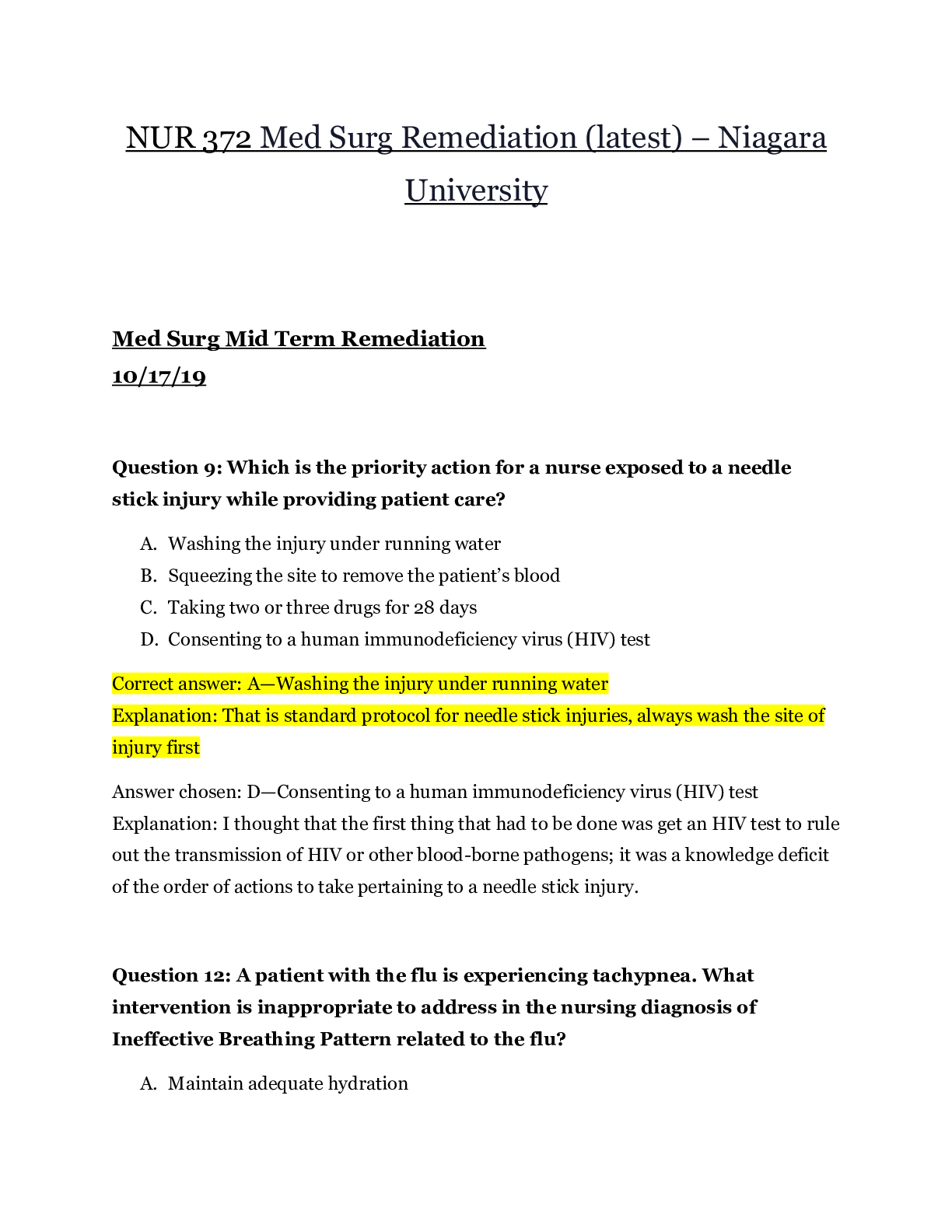 Preview of NUR 372 Med Surg Remediation (latest) – Niagara University | NUR372 Med Surg Remediation (